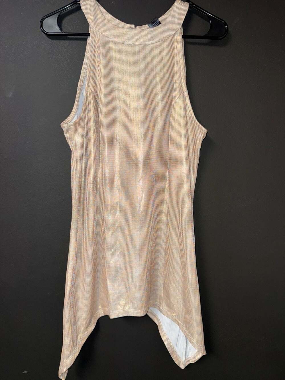 Ashley Stewart Gold Metallic Shimmer Sharkbite Hem Sleeveless Top Size 10/12